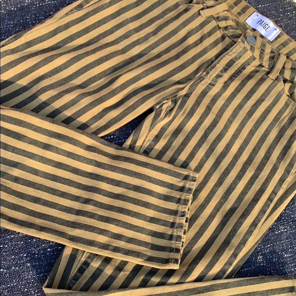 PAIGE Striped Straight Leg Jeans - Black and Tan